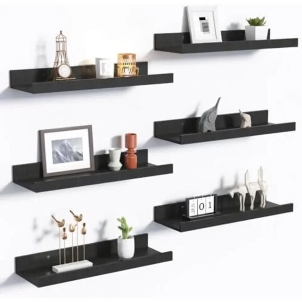 New Floating Wall Shelves, Set of 6 Black Wood Shelves for Home Decor